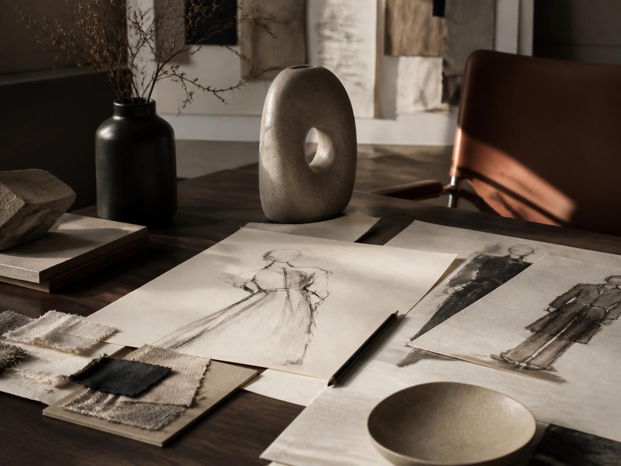 Fashion sketches and material studies on a worktable